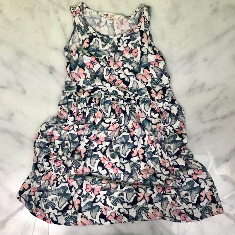 h&m • white gray pink butterflies print dress 4-6y